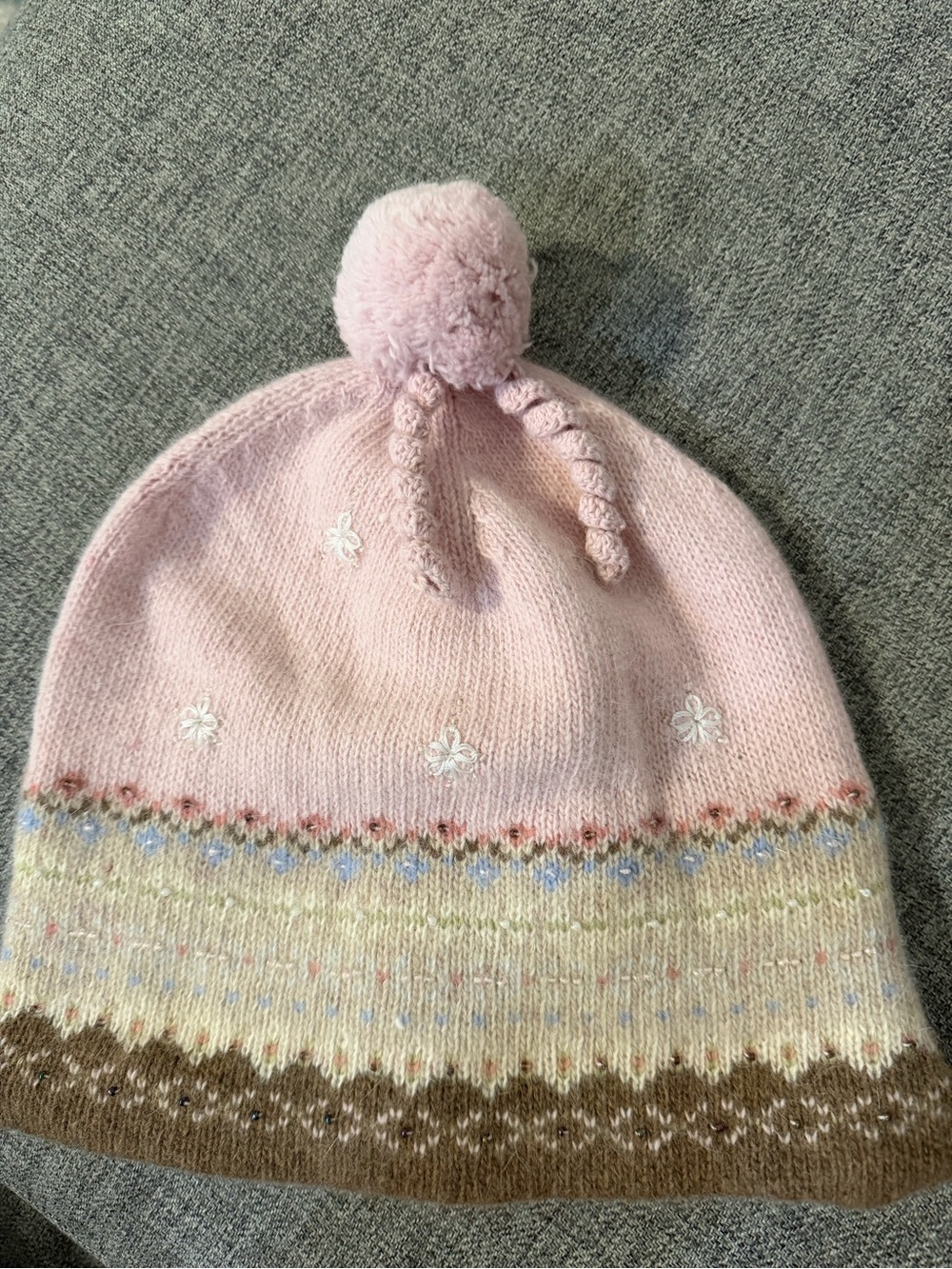 Women’s Pink Pom Pom wool angora Hat with Beading Floral stitching O/S Boho VGUC